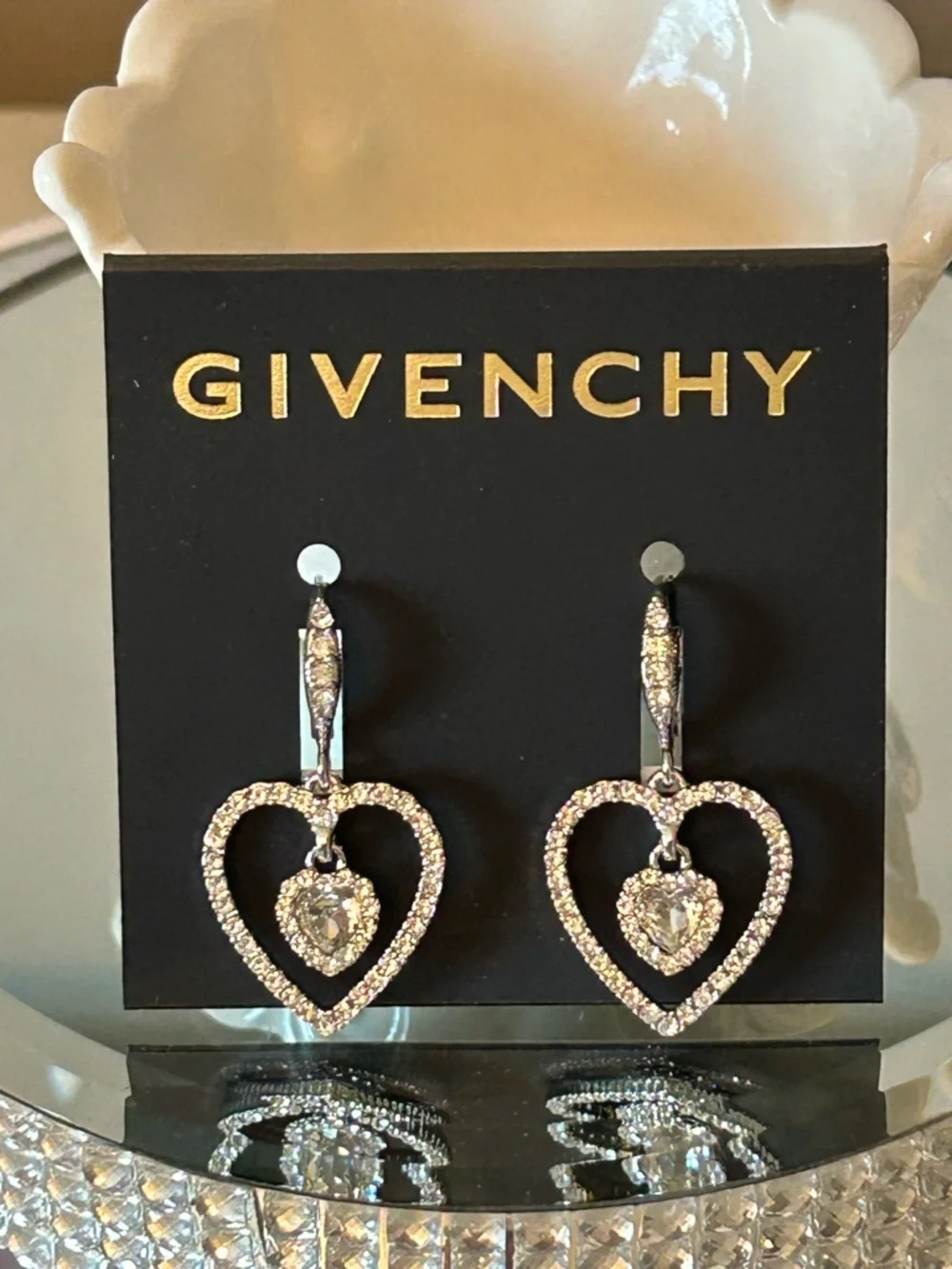 NWT! Givenchy Glass Stone Silver-Tone Heart Orbital Earrings